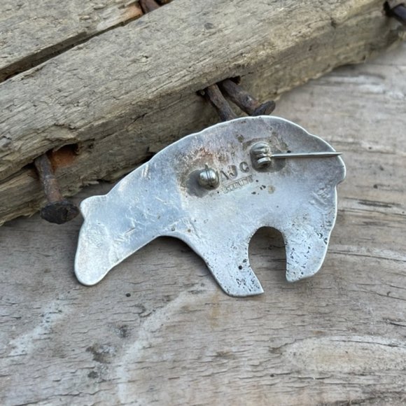 Signed AJC Native American Navajo Sterling Silver Turquoise Bear Pin - Picture 9 of 14